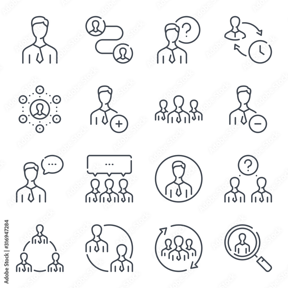 Poster team and business people related line icon set. teamwork linear icons. user and group outline vector