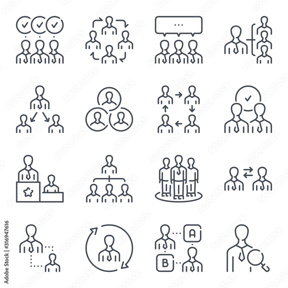 Poster teamwork and business management related line icon set. business person and workflow vector linear i