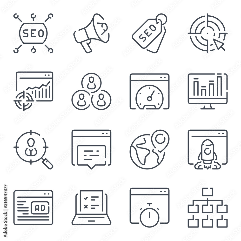 Poster search engine optimization related line icons. business and marketing vector linear icon set.