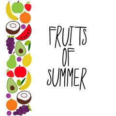 Hand drawn healthy foods background as doodle of summer fruits and lettering, vector illustration