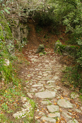 Meteora, Greece - Dec 19, 2019: Hiking path at Meteora,Greece