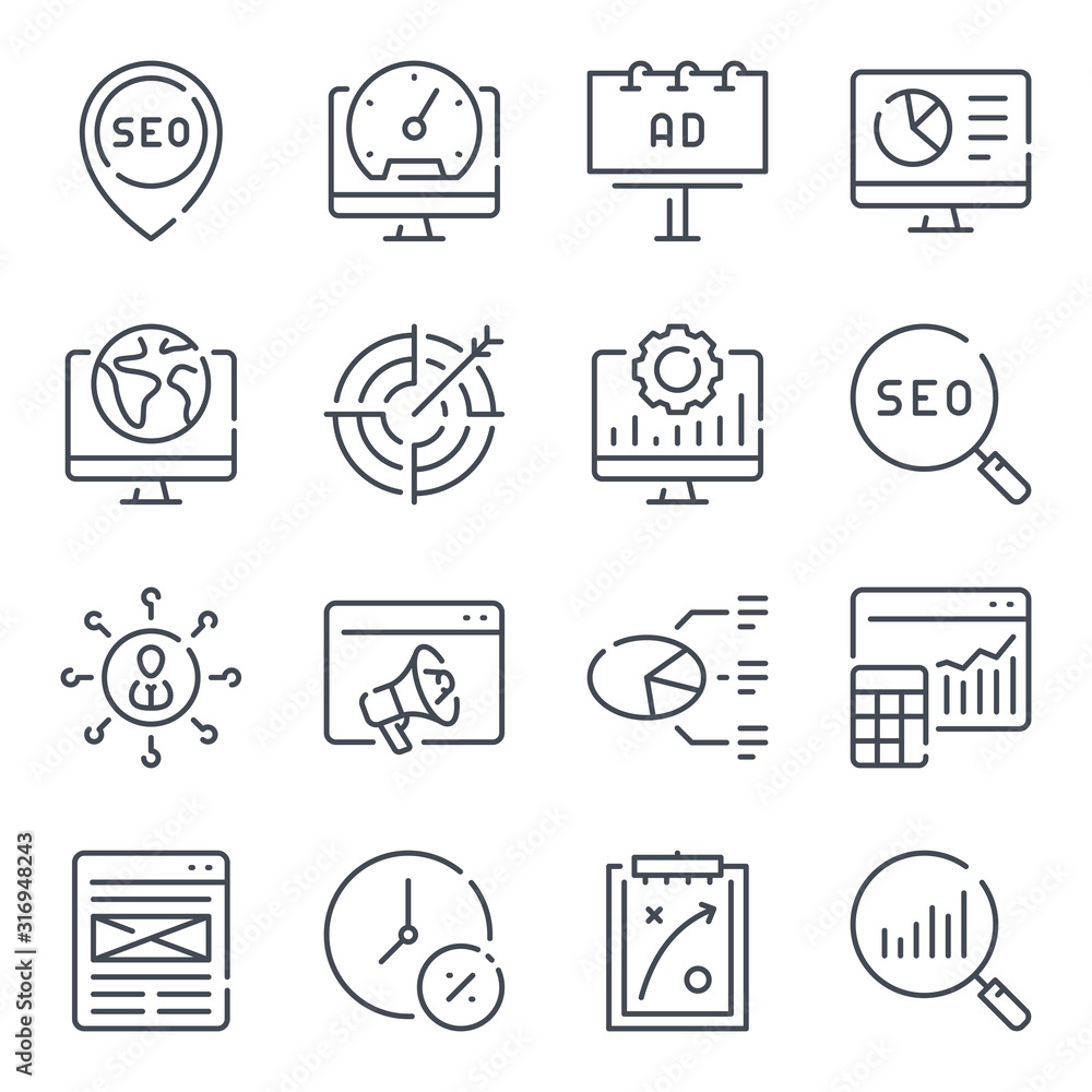 Aufkleber search engine optimization and marketing related line icons. business, startup and project launch ve