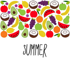 Hand drawn healthy foods background as doodle of summer fruits and lettering, vector illustration