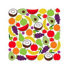Hand drawn healthy foods background as doodle of summer fruits and lettering, vector illustration