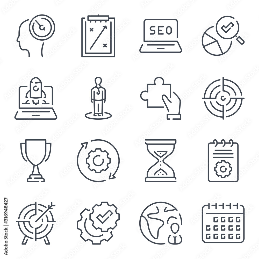 Poster seo monitoring and development elated line icon set. launch of the project and startup service vecto