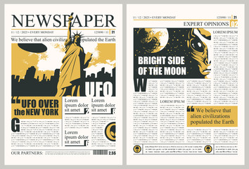 Newspaper columns with unreadable text, headlines and illustrations on the theme of extraterrestrial civilizations, alien. Vector template for the layout of the newspaper on the theme of UFOs in USA