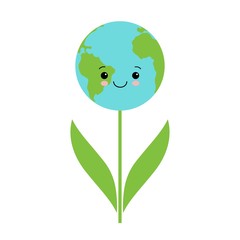 Green leafs and globe Eco icon, mockup save planet logo. Cute kawaii earth