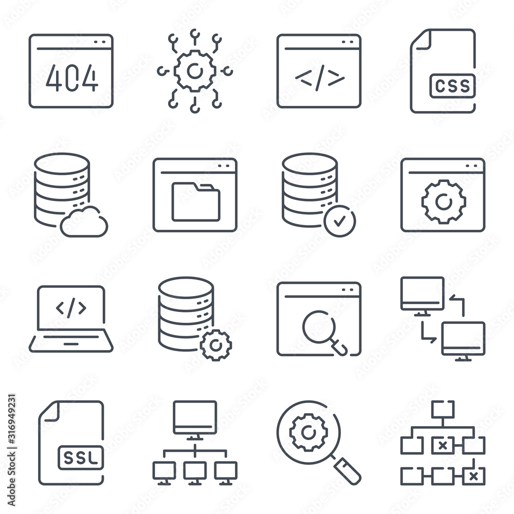 Poster web support and computing service related line icon set. hosting services linear icons. network and 