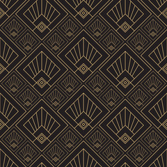 Gold pattern. Linear geometric Art Deco bricks. 20s retro style. Luxury seamless pattern. Packaging or menu design. Vector. Golden tiles.
