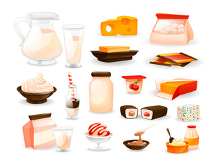 Dairy natural nutrition products set. Natural food glassware bottle with milkshake, fresh milk in glass jug, blue dutch cheese, yogurt, cottage cheese, ice cream, boiled condensed milk, butter vector