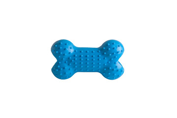 Durable blue rubber dog's bone isolated on white background, puppy dog toy imitated bones for relax. Fetching, tugging, molar tooth cleaning and safety chewing for pup entertained.Close up, copy space