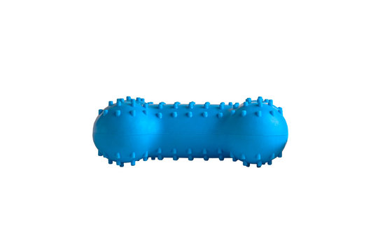 Durable Blue Rubber Dog's Bone Isolated On White Background, Puppy Dog Toy Imitated Bones For Relax. Fetching, Tugging, Molar Tooth Cleaning And Safety Chewing For Pup Entertained.Close Up, Copy Space