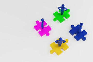 Four 3d man are standing on pieces of the puzzle. Teamwork concept. 3d people 3d rendering