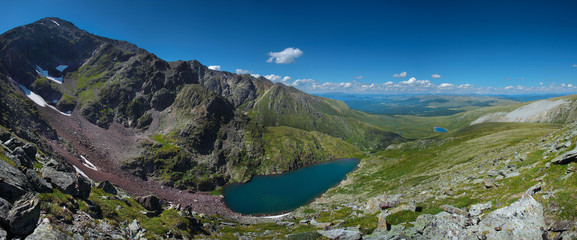 Fototapeta na wymiar Mountain landscape, a lake in a mountain valley, large panorama, Altai
