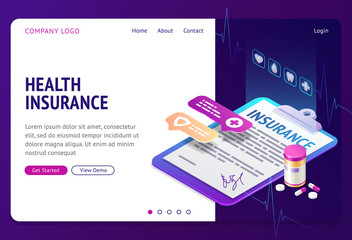 Health insurance isometric landing page. Policy document form lying on tablet for paper with pills bottle nearby. Medical protection for life guarantee, investment. 3d vector illustration, web banner