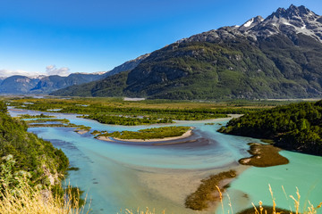 Fototapeta premium Landscape of river Murta valley with beautiful mountains view, Patagonia, Chile, South America