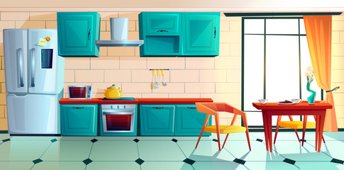 Home kitchen, empty interior with appliances for cooking and furniture, served table near large window, oven, range hood, refrigerator and utensil. Cozy clean dining-room. Cartoon vector illustration