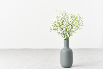 Gypsophila flowers in a vase. Soft light, Scandinavian minimalism,