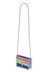 Subject shot of a transparent holographic purse with a blue leather insert, a long chain and a...