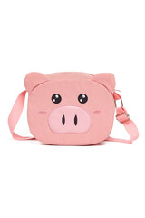 Subject shot of a pink fabric shoulder bag made in the form of a cartoon pig head with zipper. The funny crossbody bag is isolated on the white background.