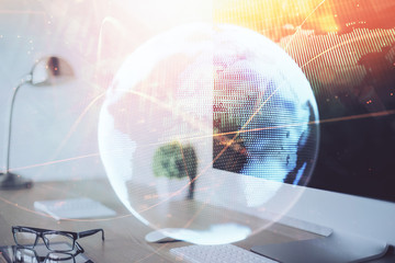 Multi exposure of business theme icons and work space with computer background. Concept of success.