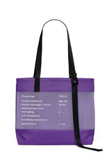 Subject shot of a violet fabric handbag with adjustable handles and with transparent insert and printed text "Properties". The stylish bag is isolated on the white background.