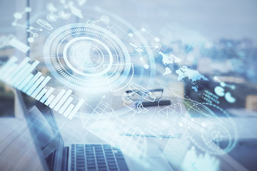 Multi exposure of business theme icons and work space with computer background. Concept of success.