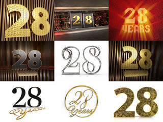 Set of golden digit from ten to ninety, decorated with a circle of stars. 3D illustration
