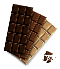A set of chocolate bars with square patterns of different colors on a white background. 3D vector. High detailed realistic illustration