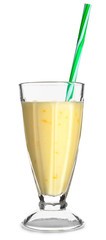 Glass of tasty milkshake on white background