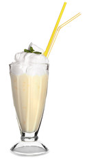 Glass of tasty milkshake on white background