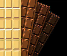 A set of chocolate bars with square patterns of different colors on a black background. 3D vector. High detailed realistic illustration