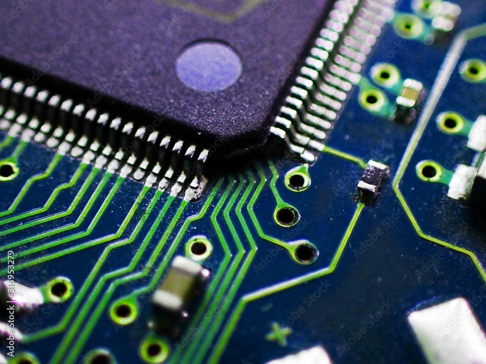 Poster electronic pcb printed circuit board in macro close-up