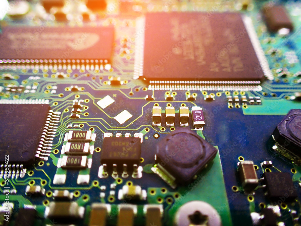 Poster electronic pcb printed circuit board in macro close-up