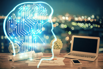Multi exposure of work table with computer and brain hologram. Brainstorm concept.