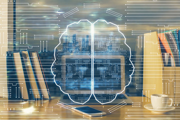 Multi exposure of work table with computer and brain hologram. Brainstorm concept.