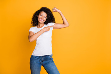 Photo of brunette haired cheerful positive cute nice charming independent strong youngster wearing...