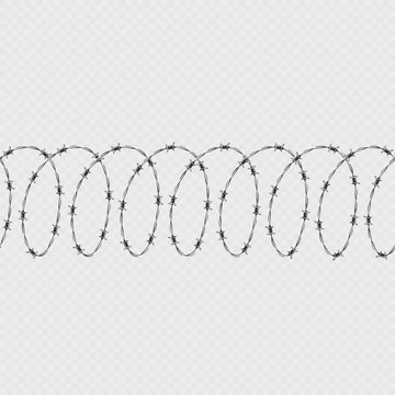 Set of spiral shape barbed wire isolated on transparent background. Horizontal seamless pattern with twisted barbwire. EPS 10