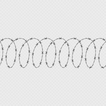 Set of spiral shape barbed wire isolated on transparent background. Horizontal seamless pattern with twisted barbwire. EPS 10