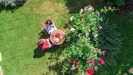 Young couple enjoying food and wine in beautiful roses garden on romantic date, aerial top view from above of man and woman eating and drinking together outdoors in park