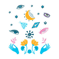 Hands holding branches of plants, magic symbols, stars, blue flowers. Vector illustration on a white background. Tattoo, prediction of the future