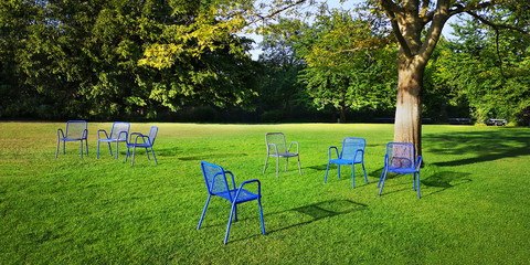Seven empty metal outdoor chairs.Unoccupied loungers in park under sprawling tree on bright green mown lawn with shrubs behind on sunny spring,summer or autumn day.Concept of invitation to vacation