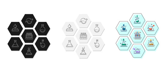 set of outline filled icons - laboratory flasks, measuring cup and test tubes for diagnosis, analysis, scientific experiment. Chemical lab and equipment. Isolated vector objects or signs in line style