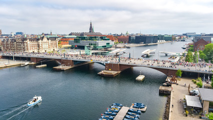 Marathon running race, aerial view of many runners on bridge from above, road racing, sport competition, Copenhagen marathon, Denmark