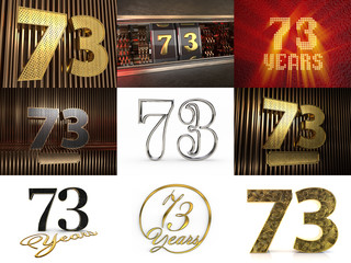 Set of golden digit from ten to ninety, decorated with a circle of stars. 3D illustration