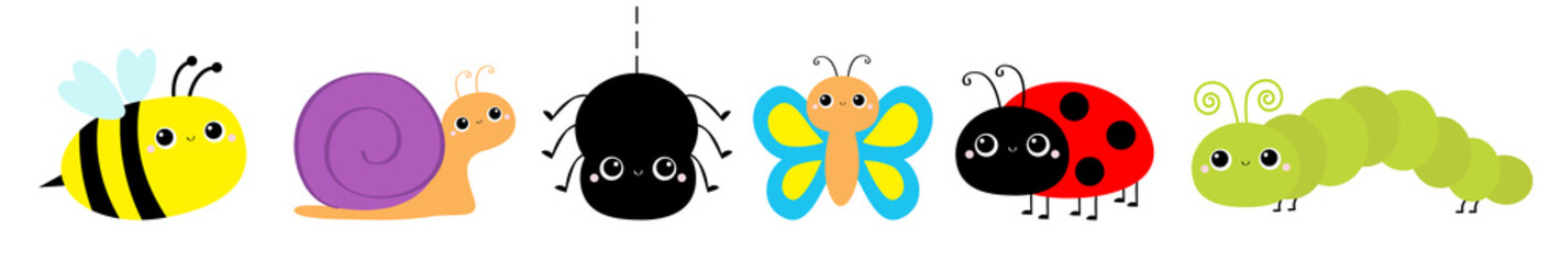 Insect set line. Ladybug ladybird, butterfly, green caterpillar, spider, honey bee, snail. Cute cartoon kawaii baby animal character. Flat design. Isolated. White background.
