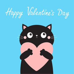 Happy Valentines Day. Black cat kitten head face holding big pink heart. Cute cartoon kawaii funny kitty animal character. Flat design. Love card. Blue background. Isolated.