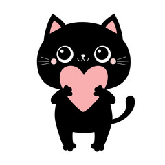 Black cat kitten kitty standing and holding big pink heart. Happy Valentines Day. Cute cartoon kawaii funny animal character. Flat design. Love card. White background. Isolated.