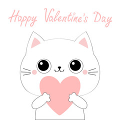 Happy Valentines Day. Cat kitten kitty head face holding big pink heart. Cute cartoon kawaii funny animal character. Flat design. Love card. White background. Isolated.