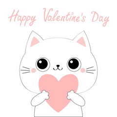 Happy Valentines Day. Cat kitten kitty head face holding big pink heart. Cute cartoon kawaii funny animal character. Flat design. Love card. White background. Isolated.